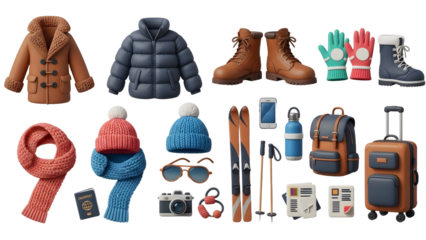 Winter travel essentials including warm coats, boots, scarves, hats, gloves, ski equipment, backpacks, luggage, and travel accessories, perfect for cold weather trips