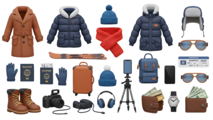 Winter travel essentials including coats, scarves, gloves, boots, backpacks, camera gear, and accessories for cold weather trips and vacations