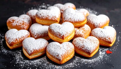 Heart shaped pastries generously dusted with powdered sugar on a dark surface.