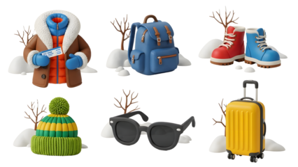 Winter travel essentials with warm clothing and accessories including coat, backpack, boots, knit hat, sunglasses, and suitcase, perfect for winter vacations