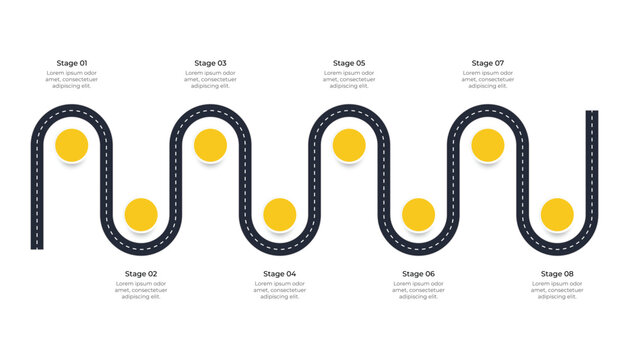 Winding Road Infographic Template with Eight Yellow Circular Stages