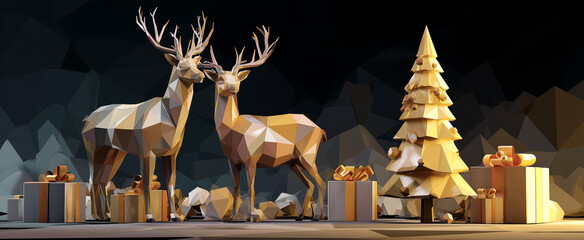 Fondo esc&eacute;nico que representa un ambiente navide&ntilde;o con est&eacute;tica dorada, geometr&iacute;a moderna y una elegante composici&oacute;n visual. Dos ciervos dorados entre &aacute;rboles geom&eacute;tricos, adornos y regalos