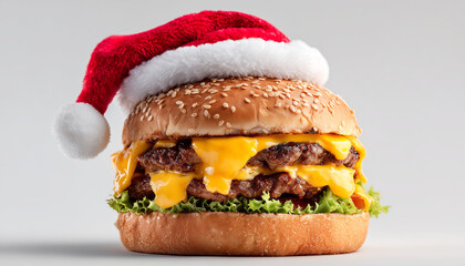 Concepto festivo que fusiona la cultura gastron&oacute;mica y el humor navide&ntilde;o con una est&eacute;tica comercial audaz y visualmente impactante. Hamburguesa con gorro de Pap&aacute; Noel sobre fondo neutro