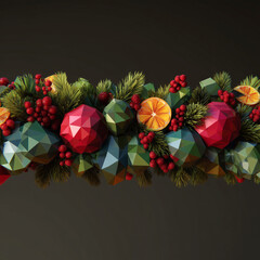 Fondo decorativo que fusiona naturaleza y geometr&iacute;a digital en una vibrante y moderna composici&oacute;n navide&ntilde;a. Guirnalda con ramas de pino, bayas, adornos poligonales y rodajas de naranja.