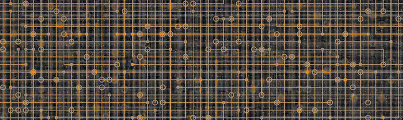 Abstract golden digital technology background, blueprint grid with circuit lines and nodes on dark backgrounds. AI data infrastructure, enterprise systems, artificial intelligence, computing network.