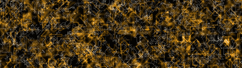 Abstract digital technology background with white circuit lines over glowing golden network patterns on a dark backgrounds. Artificial intelligence, data flow, AI computing systems, futuristic tech.