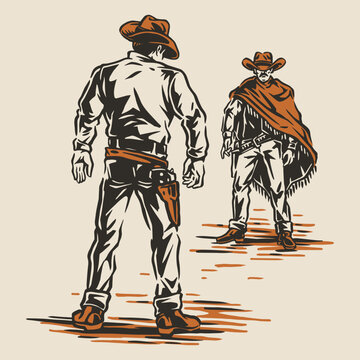 Duel between cowboys at sunset