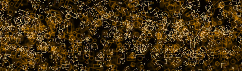 Abstract golden geometric wireframe background with outlined shapes on dark backgrounds. AI complexity, artificial intelligence technology, big data analytics, innovation, and digital tech pattern.