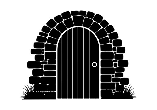A black and white illustration of a stone archway with a closed wooden gate.