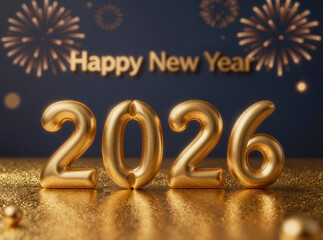 Happy New Year 2026 with golden numbers and fireworks background
