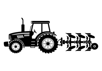 A black and white silhouette illustration of a farm tractor pulling a multi-furrow plow, depicting agricultural machinery.