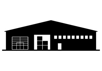 Black silhouette of a warehouse building with stacked boxes and loading docks, representing industrial storage and logistics.