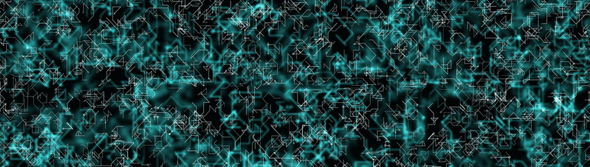 Abstract digital technology background with white circuit lines over glowing teal network patterns on dark backgrounds. Artificial intelligence, data flow, AI computing systems, digital connectivity.