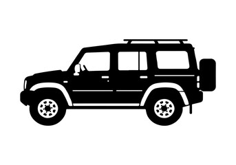 A black silhouette of a four-door SUV with a spare tire mounted on the rear door and a roof rack.