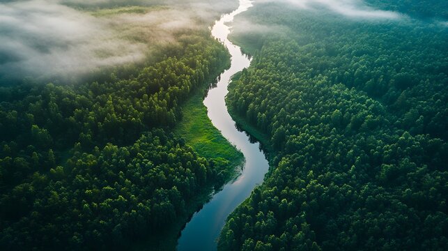 Aerial view of a winding river flowing through a dense green forest with morning mist