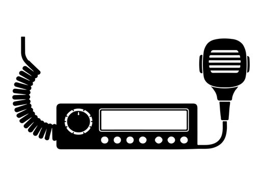 Black silhouette of a vintage CB radio with a microphone and coiled cord on a white background.