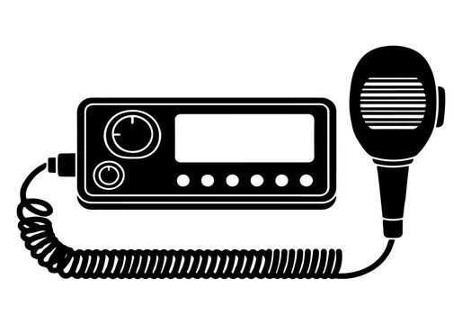 Black and white silhouette of a vintage CB radio unit with a connected microphone and coiled cord, illustrating classic communication technology.