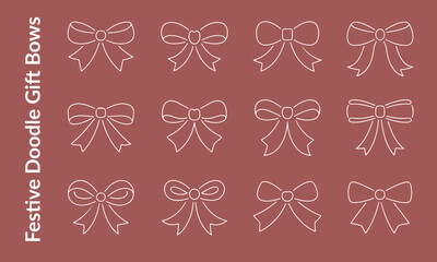 Festive white doodle gift bows and ribbon knots set hand drawn vector line art illustration on dark background for holiday greeting cards.