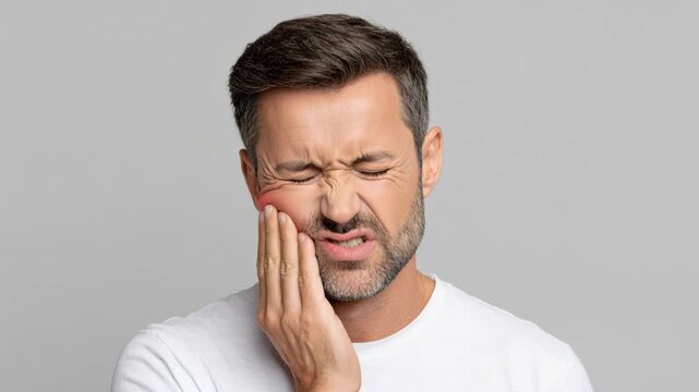 Mature man experiences severe dental or jaw pain, holding his cheek while grimacing intensely, highlighting discomfort.