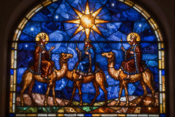Fototapeta premium Three Kings following the star stained glass window style art
