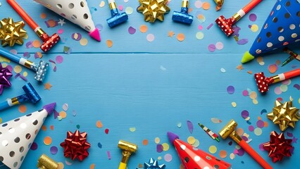 Celebratory party decorations on blue background