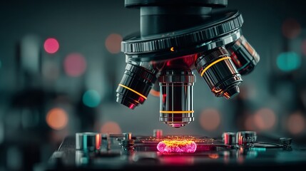 Advanced microscope examines glowing scientific sample with vibrant colorful bokeh background