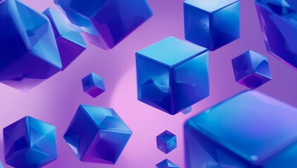 Abstract background featuring floating glossy blue geometric cubes against a vibrant soft purple gradient creating a futuristic digital art composition