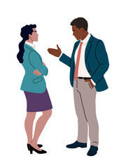 Diverse business professionals in conversation, showing workplace communication, disagreement, and professional interaction. Minimal flat vector illustration isolated on transparent background
