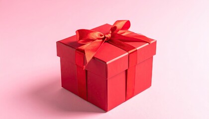 Fototapeta premium Elegant Red Gift Box with Ribbon on Soft Pink Background.