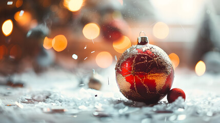 Red Christmas ornament covered with frost standing on snow with defocused festive lights in the background. Winter holiday still life with copy space.