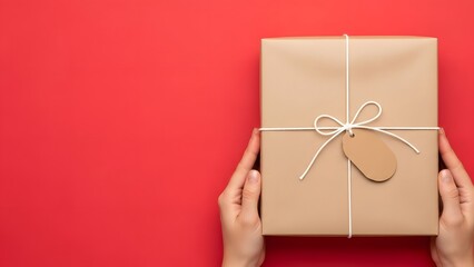 Hands holding gift wrapped in brown paper