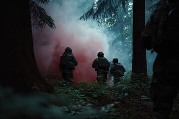 Obraz premium Soldiers in forest maneuver with red smoke in background