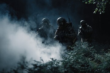 Obraz premium Armed soldiers in tactical gear in misty forest setting