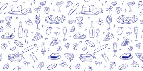 Seamless pattern with whimsical Italian food, hand drawn repeating background with bread, wine bottle, pizza. Modern line art illustrations isolated on white background