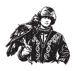 Kazakh Eagle Hunter Berkutchi Black and White Vector Art