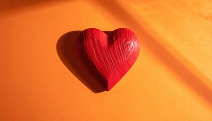 Single textured red heart on vibrant orange background with dramatic light and shadow.