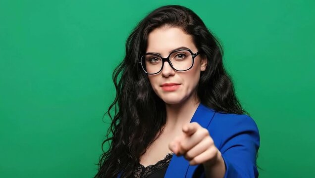 Young Woman in Glasses Pointing at Camera with Serious Expression on Green Background.