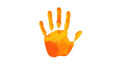 A vibrant, orange handprint on a solid black background. The palm and fingers are clearly defined with an artistic, textured appearance