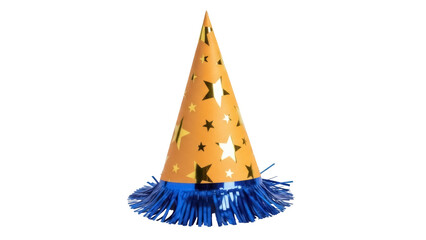 Orange party hat with stars and blue fringe isolated PNG, festive celebration headwear for birthday or New Year s Eve