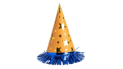 Orange party hat with stars and blue fringe isolated PNG, festive celebration headwear for birthday or New Year s Eve