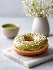 Matcha Delight: An eye-level shot captures a gourmet doughnut in a close-up, adorned with a matcha glaze and sesame sprinkles, alongside a ceramic cup of matcha, and an elegant vase.