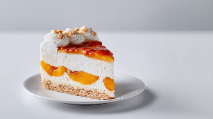 Peach Cheesecake: A single slice of exquisite peach cheesecake rests on a pristine plate, showcasing a symphony of creamy textures and vibrant colors
