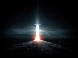 Fototapeta premium Luminous vertical beam emerging from dark landscape under stormy sky, symbolizing revelation, transition, focused energy, and the breakthrough moment beyond uncertainty