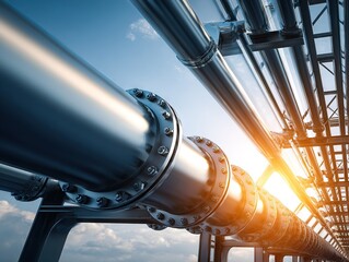 Industrial pipeline system with large steel pipes under sunlight, representing energy transport infrastructure, engineering precision, and large-scale industrial operations