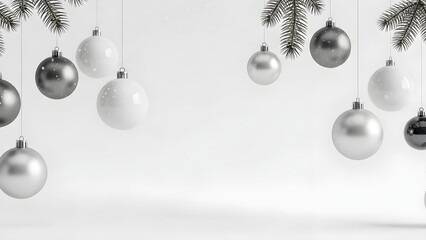 Obraz premium Festive Christmas baubles and pine branches suspended in a minimalist white studio setting with subtle snow particles