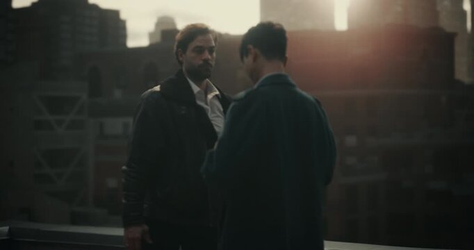 EDITED Crime Movie Segment: Two Criminals, Conduct a Secret Rooftop Handoff, Exchanging Envelope and Whistleblower Documents. Cinematic Crime Scene. Mockup Screen Replacement, Film, Commercial
