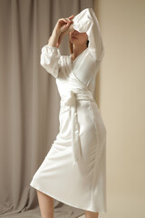 Fashion Studio Portrait of Woman in Elegant White Dress, Luxury Wedding Guest Collection