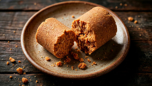 Pa&ccedil;oca de Amendoim, Crumbly Peanut Candy Pieces on Ceramic Plate with Rustic Wooden Background