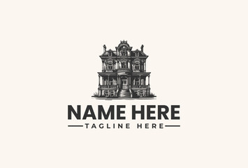 Fototapeta premium Black and white illustration of a large house with a logo and placeholder text on a beige background, featuring a vector-style drawing.