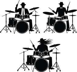 Fototapeta premium Black Drummer Silhouettes Set, Musicians Playing Drums with Sticks and Complete Kit for Concert Poster, Music Festival, and Band Logo Design